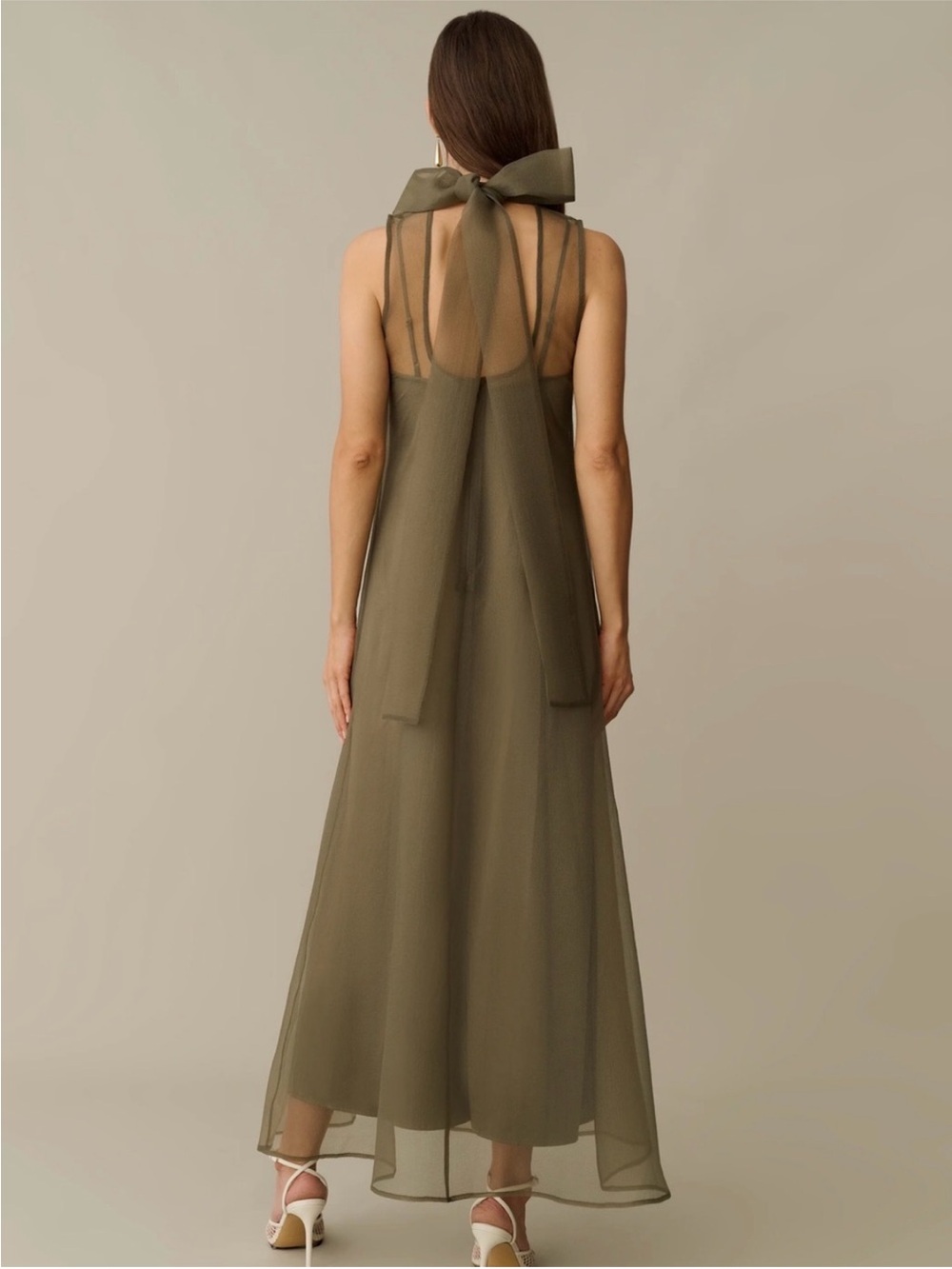 CAARA Alette Organza Maxi Dress  Sleeveless High-Neck Back Bow in Grey Moss NEW - Picture 5 of 14